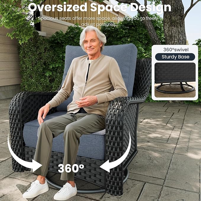 3 Pieces Outdoor Patio Furniture Sets with Single Chairs with 6-inch Thick Cushion and Side Table for Deck Lawn