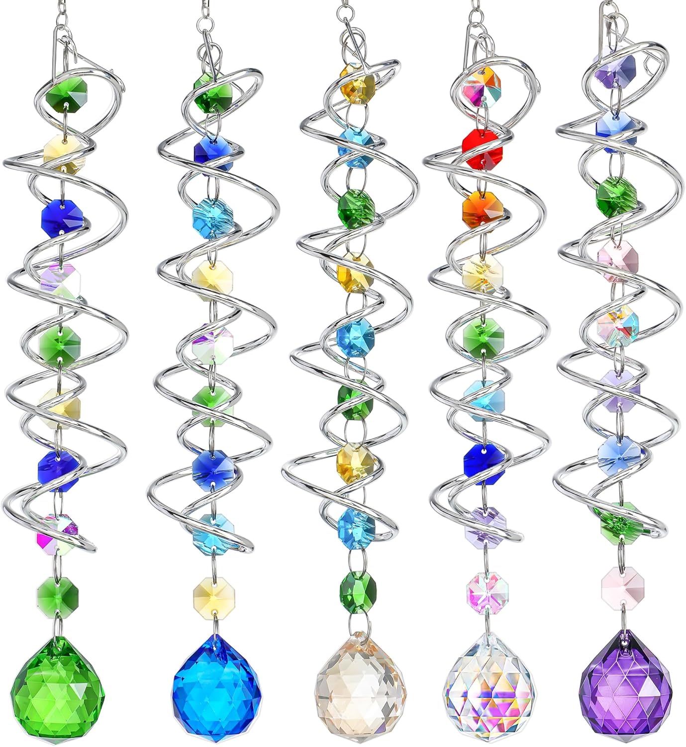 H&D HYALINE & DORA 5 Pack Sun Catchers Crystal Suncatchers for Windows Hanging Gazing Ball Spiral Tail Wind Spinners for Yard and Garden Indoor Home Decor