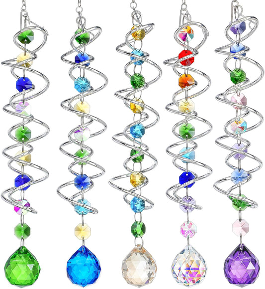 H&D HYALINE & DORA 5 Pack Sun Catchers Crystal Suncatchers for Windows Hanging Gazing Ball Spiral Tail Wind Spinners for Yard and Garden Indoor Home Decor