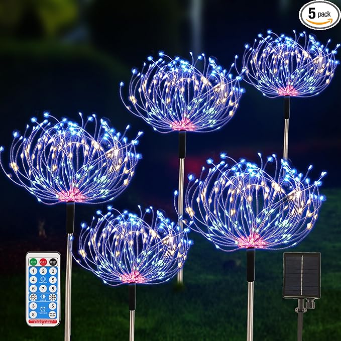 5 Pack Outdoor Solar Garden Lights, Solar Firework Lights 600 LED Waterproof Lamps Decorative, Fireworks Lamp 8 Modes Landscape Lights with Remote for Pathway Backyard Walkway Patio Christmas Party