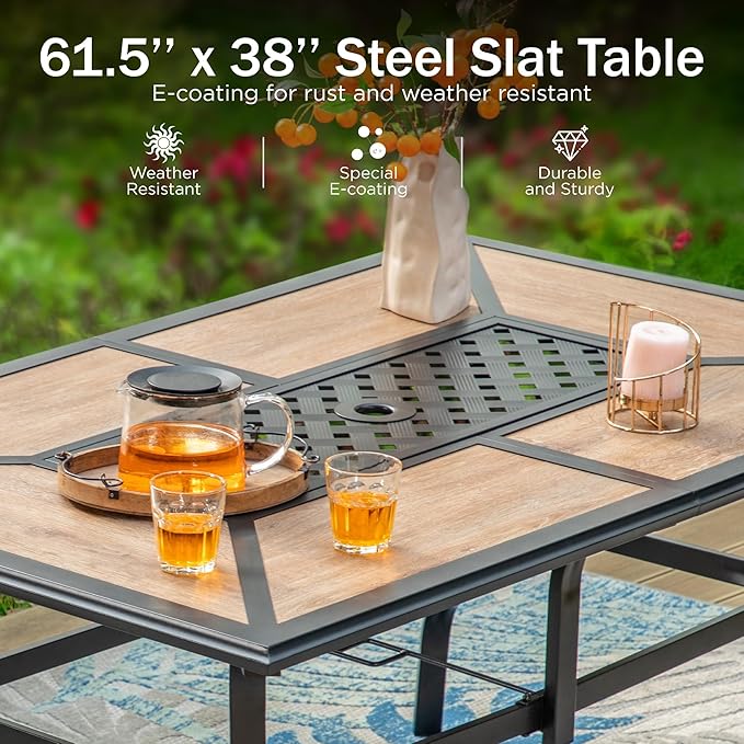 PHI VILLA Outdoor Dining Table for 6, Rectangular Metal Wrought Iron Table with Polywood Tabletop and Umbrella Hole, Large Heavy-Duty Furniture for Patio, Deck, Yard, Porch