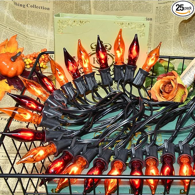 27.8 FT Halloween Decorations, C7 Clear Orange and Purple Halloween Lights, Flickering Flame String Lights Outdoor, E12 Screw Base, Flame String Lights for Halloween Garden Patio Party Decor, Black