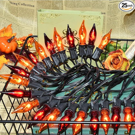 27.8 FT Halloween Decorations, C7 Clear Orange and Purple Halloween Lights, Flickering Flame String Lights Outdoor, E12 Screw Base, Flame String Lights for Halloween Garden Patio Party Decor, Black