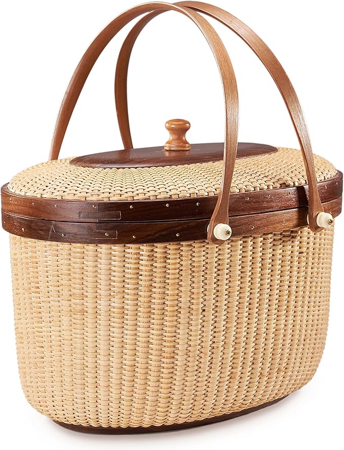 Nantucket Style Basket Picnic Basket Rattan Handmade Products Woven Sewing Storage Basket Two Swing Handles Tote Bag for Women