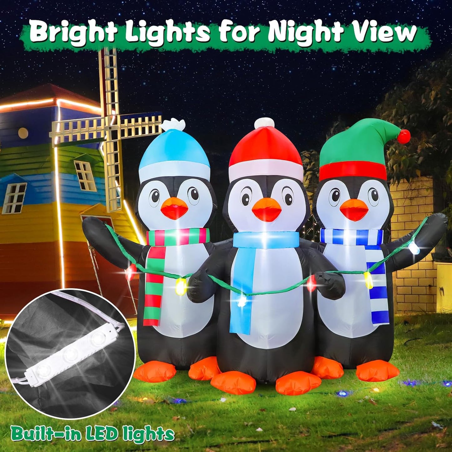 FunFanso 6 FT Christmas Inflatable Penguin Decoration, Blow up 3 Cute Penguins, Blowsup Decor, Built-in Bright LED Lights, Festival Decorations for Christmas Party Outdoor Yard Patio Garden Lawn Décor