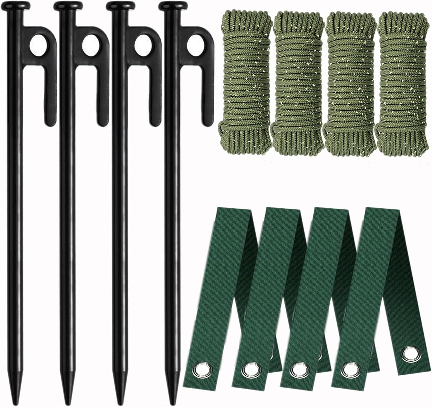 Tree Stake Kits, Tree Stakes and Supports Kits for Hurricane Protection & Bad Weather, Include 4 PCS 11.8" Heavy Duty Steel Tree Stakes, 4 PCS 15.8" Tree Straps and 4PCS 16.4FT Rope