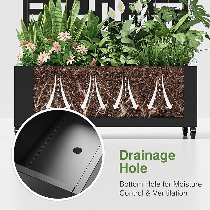 Casaphoria Metal Raised Garden Bed with Trellis and Wheels, 72"x35"x16" Planter Box for Climbing Plants, Vegetables & Vines, Features Drainage Holes and Privacy Screen (Black-Helen)