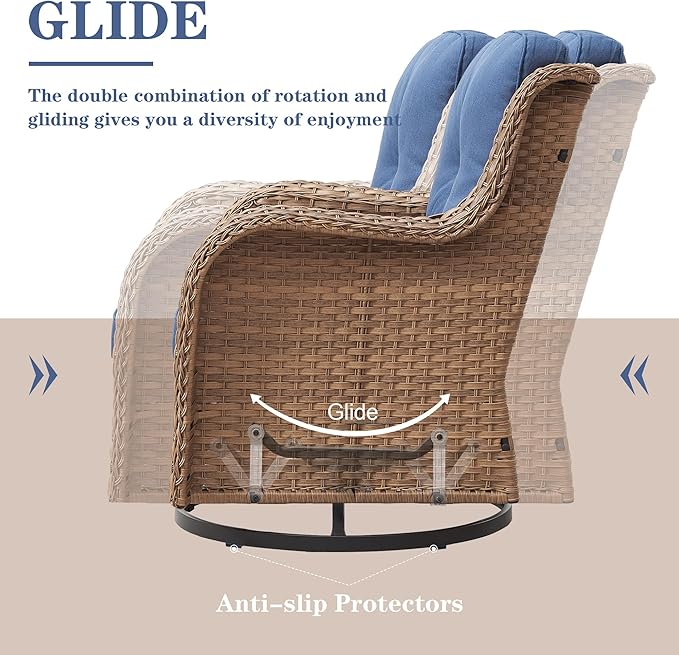 Wicker Outdoor Furniture Patio Furniture Set - 6 Piece Patio Conversation Set with Swivel Rocker Chairs, Rattan Sofa, Ottomans and Coffee Table, Blue Cushion