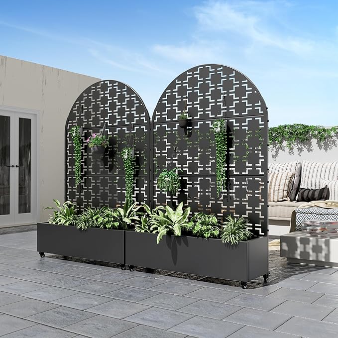 Casaphoria Metal Raised Garden Bed with Trellis and Wheels, 72"x47"x16" Arched Planter Box for Climbing Plants, Vegetables & Vines, Features Drainage Holes and Privacy Screen (Black-Brick)