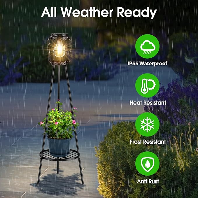2 Pack Solar Lights Outdoor with Plant Stands, Solar Floor Lamp with LED Edison Bulbs for Garden Yard Pathway Driveway Front/Back Porch Decoration