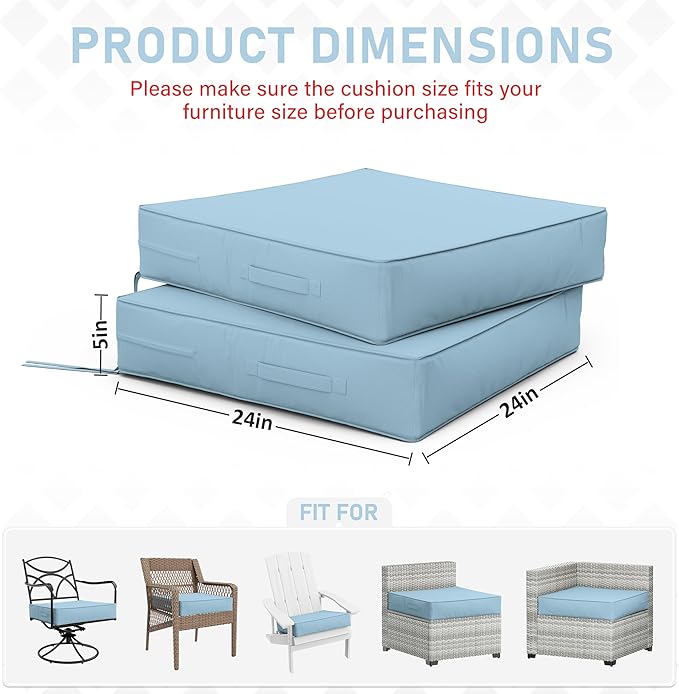 Patio Chair Cushions 24 X 24 X 5 Inch Waterproof Outdoor Seat Cushions for Patio Furniture, Outdoor Sofa Couch Pads with Ties & Handle, Set of 2, Light Blue