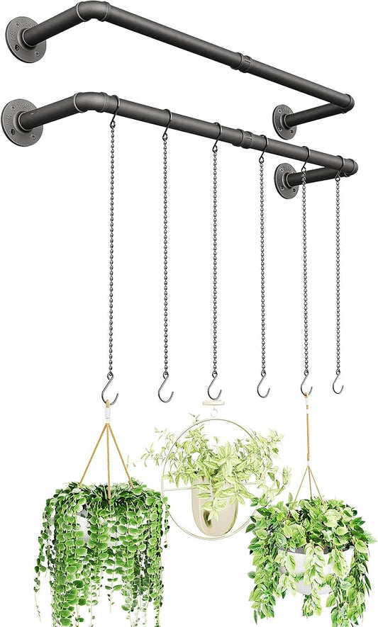 Plant Hanger Indoor, 2 Pack Hanging Planters Rod for Indoor Plants with 6 Hanging Chains, Wall Plant Hanging Rod for Window Ceiling, 38.2 Inch, Metal/Black, Pots Not Included…