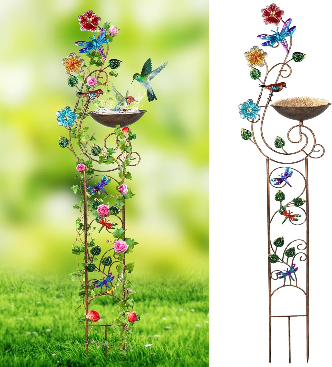 57” Bird Bath with Garden Trellis for Climbing Plants Outdoor, Small Decorative Metal Birdbath Bird Baths, Dragonfly (Dragonfly)