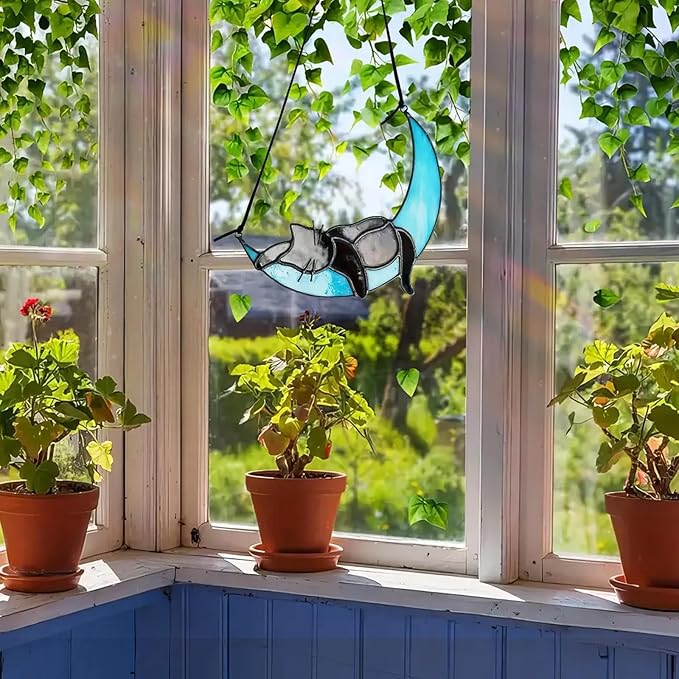 HDCRYSTALGIFTS Black Cat Decor Suncatcher Stained Glass Window Hanging,Handcrafted Kitty Decor Funny for Cat Lovers,Home Decoration for Window Patio Office Living Room Wall