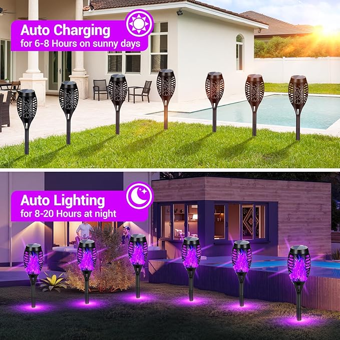 4 Pack Solar Torch Lights Outdoor Waterproof - Purple Flickering Flame, Outdoor Solar Garden Lights for Yard, Tiki Torches for Outside Patio Pathway Decorations