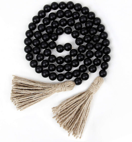 58in Wood Bead Garland with Tassels, Farmhouse Rustic Country Decor Prayer Boho Wall Hanging Decoration (Black)
