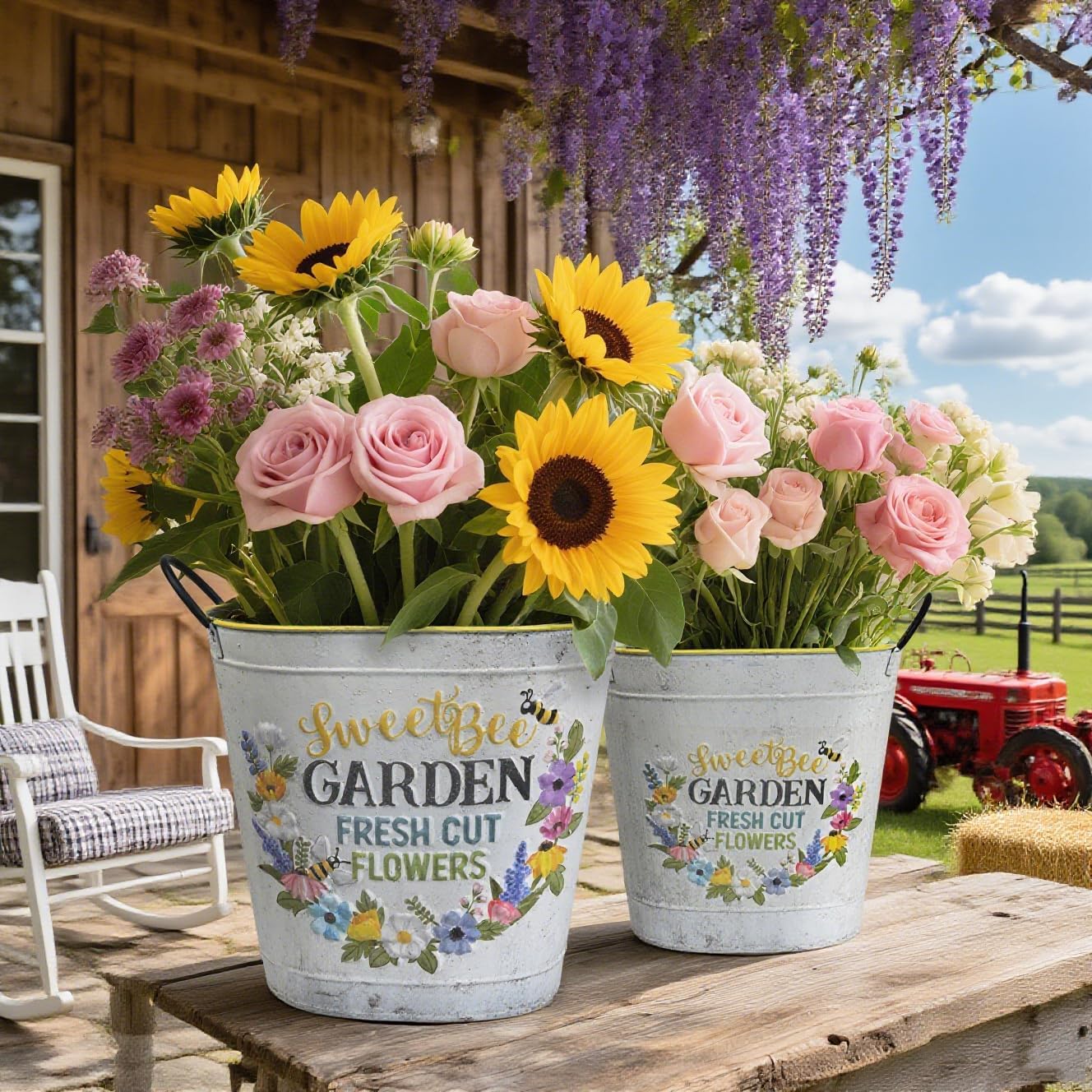 Set of 2 Sweet Bee Garden Metal Planter Buckets, Rustic Farmhouse Flower Pots with Handles, Decorative Indoor Outdoor Gardening Containers for Succulents, Herbs, Home & Porch Decor