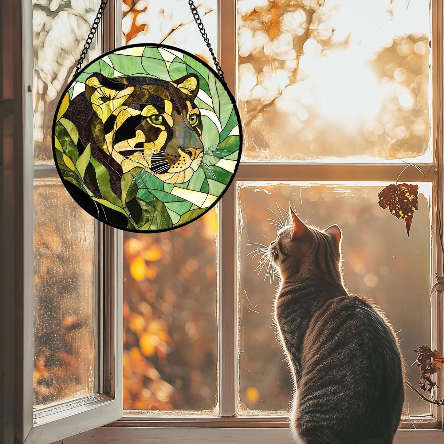 Stained Glass Window Hanging 4 Pcs Set Green Plants Animals Theme 6.3" - Bird Tiger Suncatcher Door Garden Sun Catcher Decor Birthday for Mom Woman Nana Men Friend