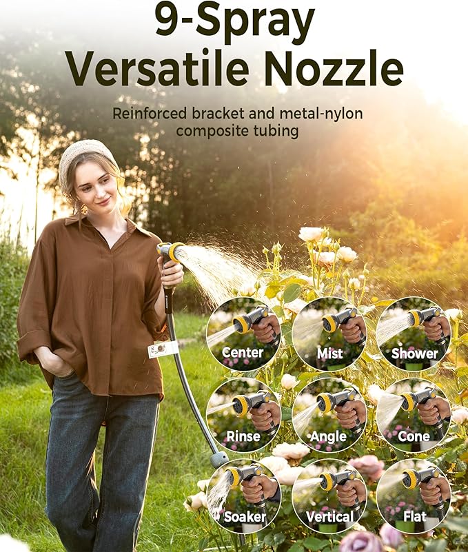 Retractable Garden Hose Reel 5/8 in x 100 ft Upgraded UV Resistant Heavy Duty Automatic Hose Reel Wall Mount 3/4 in Brass Fitting 9 Pattern Nozzle Any Length Lock Slow Retraction