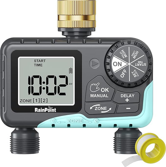 RAINPOINT Sprinkler Timer 2 Outlet, Water Timer for Garden Hose, Drip Irrigation Timer for Yard Outdoor Watering, Rain Delay/Manual/Automatic System Controller Brass Inlet, V2