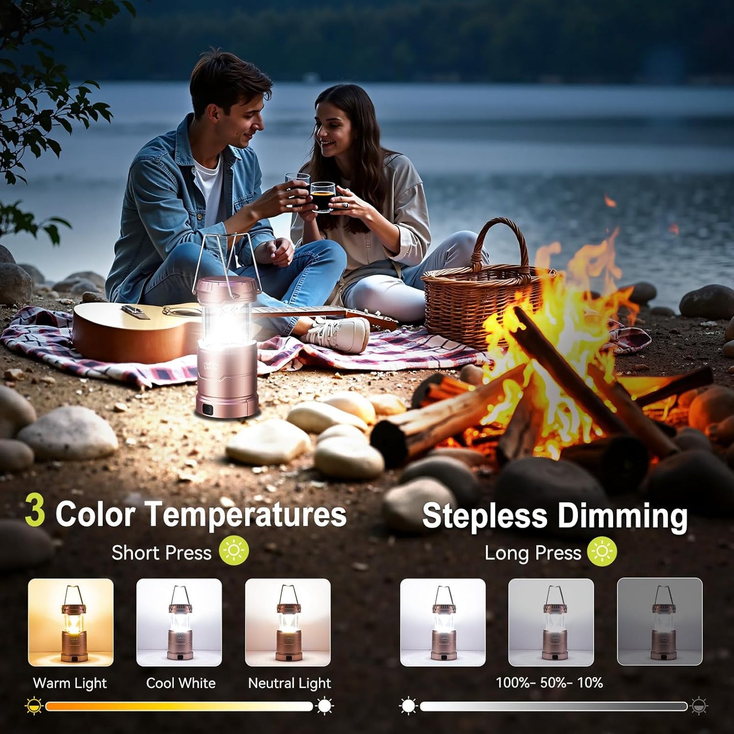 LETMY LED Camping Lantern for Power Outages, 3 Color Modes & Dimmable Battery Powered Lantern, IPX4 Waterproof & Collapsible, Lanterns Flashlight Survival Kits for Emergency Hurricane Hiking, 4 Pack