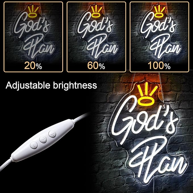 WLHOPE God's Plan Neon Sign White Led Neon Signs for Wall Decor, God Neon Signs USB Powered Letter Neon Light Signs for Bedroom Living Room Home Bar Wedding Party Decoration