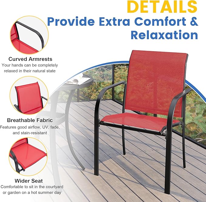 VICLLAX Patio Dining Set for 4, Outdoor Furniture Set Includes 1 Square Patio Table and 4 Stacking Patio Sling Chairs, Black Tabletop and Red Fabric