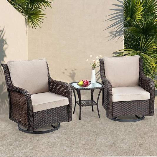 Towallmark Outdoor Swivel Wicker Glider Patio Chairs with Table Set, 3 Pieces Outdoor Bistro Set with 4”Thick Cushions and Coffee Table for Porch, Balcony, Deck (Beige)