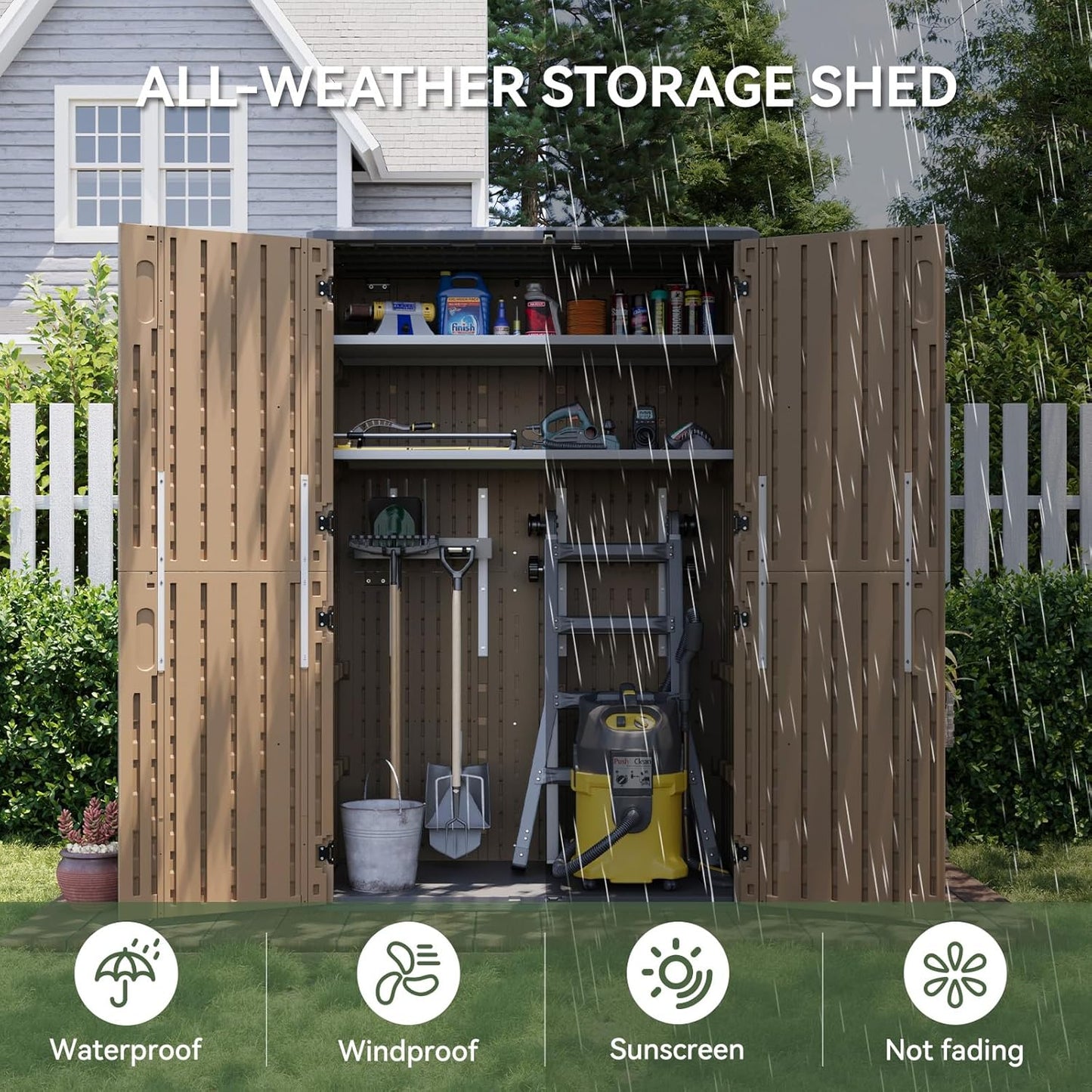 Aoxun Outdoor Storage Shed with 2 Shelves & Floor, 64 Cu.Ft Large Outdoor Storage Cabinet, Waterproof Vertical Resin Shed for Garden Tools, Pool Equipment, Brown