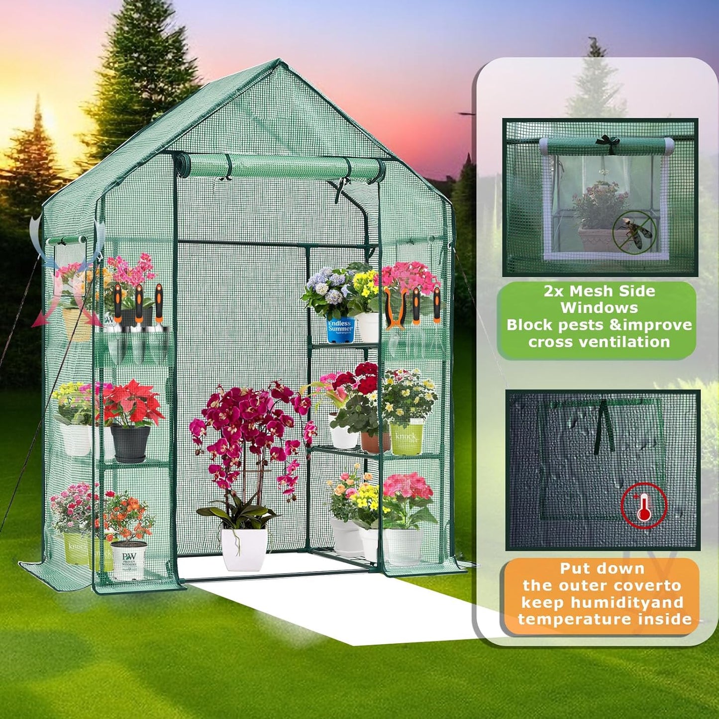 Walk-in Greenhouse 3 Tiers 6 Shelves Roll-Up Zipper Door -28x56x76 inch PE Greenhouse Cover for Outdoor Plant Gardening Plants Cold Frost Protection Wind Rain Proof(PLGHW001G-N)