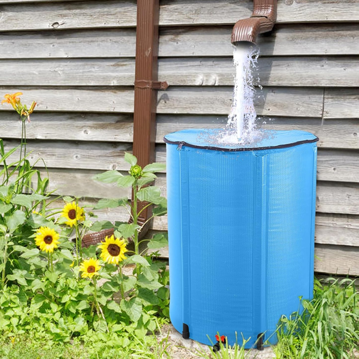 Collapsible Rain Barrel, 100 Gallon Portable Rainwater Collection System, Rain Catcher Barrel, Water Storage Tank with Spigots and Overflow Kit, Rain Water Barrel Collector for Garden, Blue