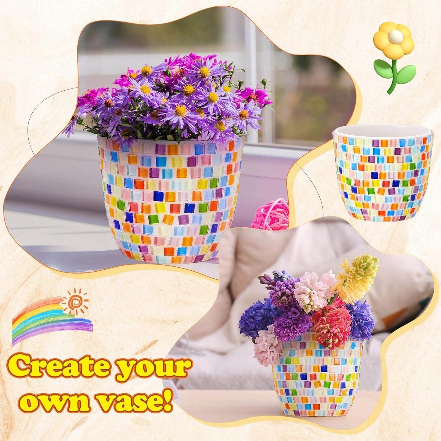 Tioncy 2 Set DIY Vase Mosaic Kit for Adults Gift, DIY Arts and Craft Kits with Vase Flower Mosaic Accessories Art Kit for Room Decor Craft Lovers Handmade, Home Decor Gifts(Rainbow)