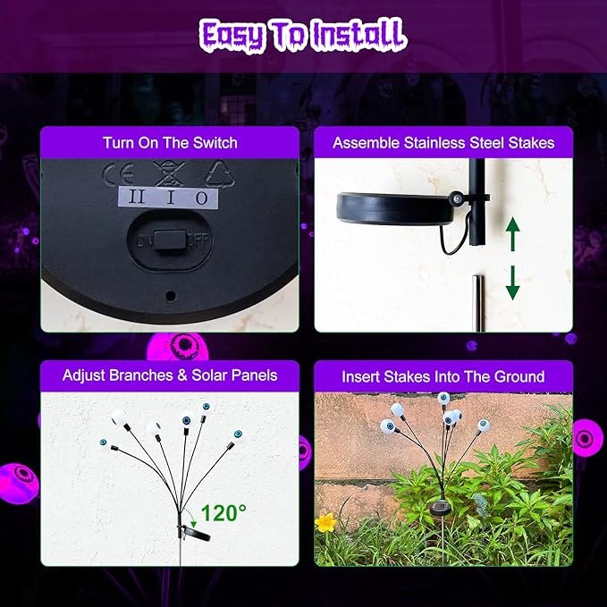 2 Packs 12 LED Scary Eyeball Lights - Purple, Swaying Firefly Lights - Waterproof Solar Halloween Decor for Outdoor/Yard/Garden/Lawn/Party