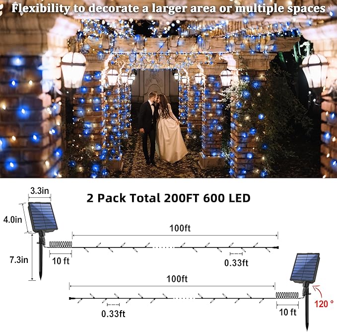 2-Pack 200FT Solar String Lights for Outside, 600 LED Extra-Bright Outdoor Light With 19 Modes & Timer, Waterproof Fairy Lights for Garden Patio Tree Christmas Decorations Blue & White