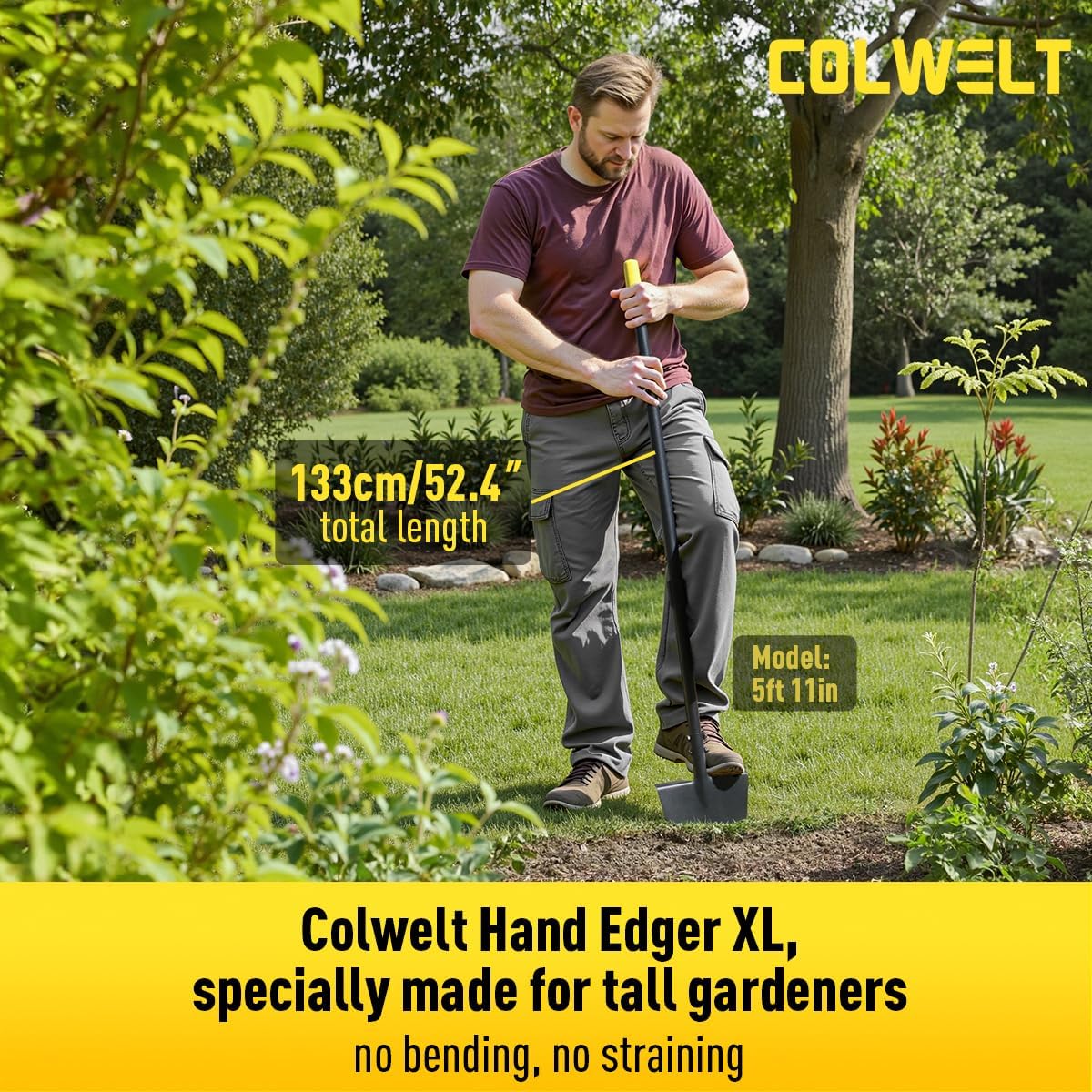 Colwelt Edger Lawn Tool Extra-Tall 52.4'', Garden Edger Chopper with V-Shape Tempered Blade, Half Moon Lawn Edger Tools with XL Solid Steel Handle, Grass Edger Tool Manual for Yard Landscaping Edging