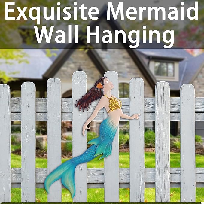John's Studio Metal Mermaid Sea Wall Decor Outdoor Garden Hanging Art Sculptures Home Ocean Theme Decorations for Kitchen Bathroom and Pool - 14.9Inches