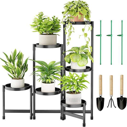 6 Tier Metal Plant Stand Indoor, Rotatable Corner Plant Shelf Outdoor, Tiered Flower Pot Display Stand, Black Multiple Plants Holder for Patio Living Room Balcony Garden Home Decor