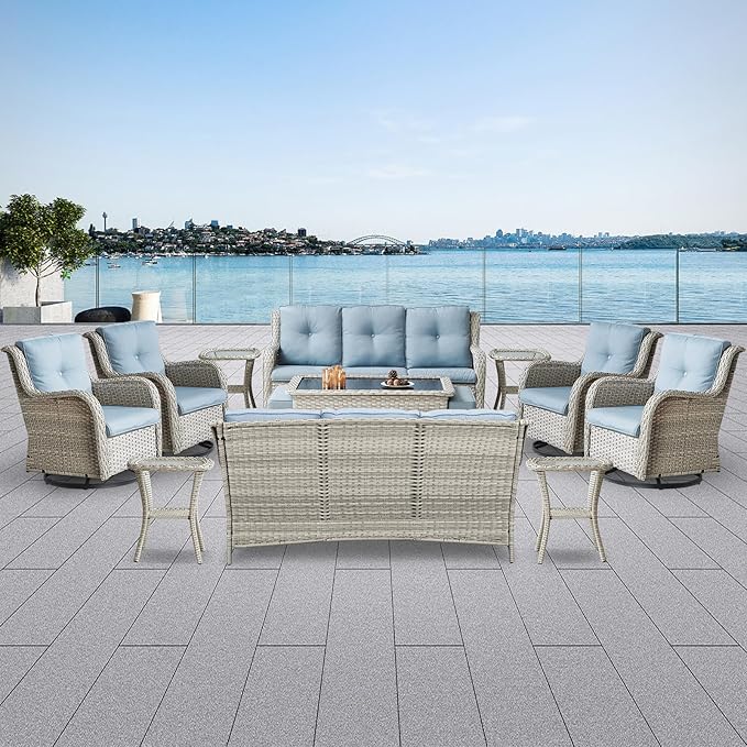 Wicker Patio Furniture Sets - 13 Piece Outdoor Rattan Furniture Conversation Sets with 4 Swivel Rocker Chairs, 2 Rattan Sofas, Wicker Ottomans and Coffee Table, Light Grey/Baby Blue
