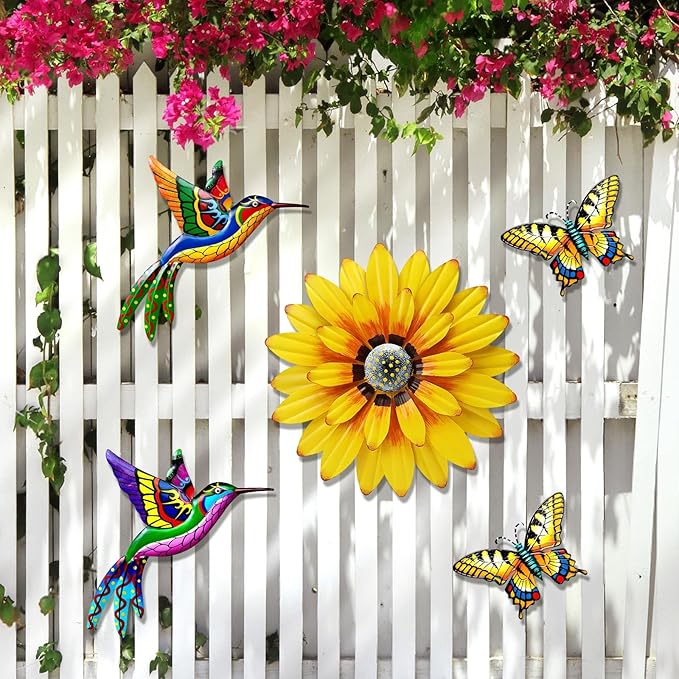 Metal Outdoor Wall Art Decor, 5 Pack Metal Flower Wall Decor and Bird Butterfly Wall Decor, Metal Garden Decor Outdoor Decorations for Yard Art