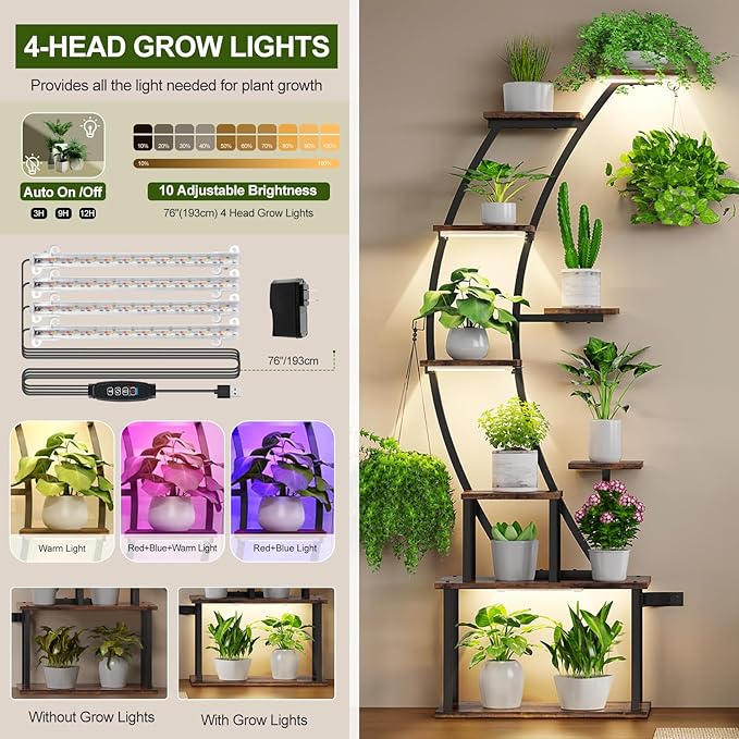 Plant Stand Indoor with Grow Lights, 9 Tiered Metal Plant Shelf Pots For Plant Lovers, 63" Tall Indoor Flower Rack Display Holder Multiple For Room, Corner Large Planter Shelves For Patio,Wall