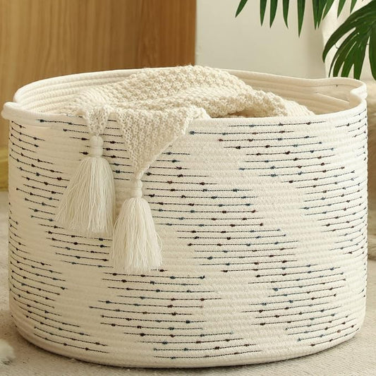 KAKAMAY Large Blanket Basket (20"x13"),Woven Baskets for storage Baby Laundry Hamper，Cotton Rope Blanket Basket for Living Room, Laundry, Nursery, Pillows, Off White with Blue & Brown Dotted Pattern