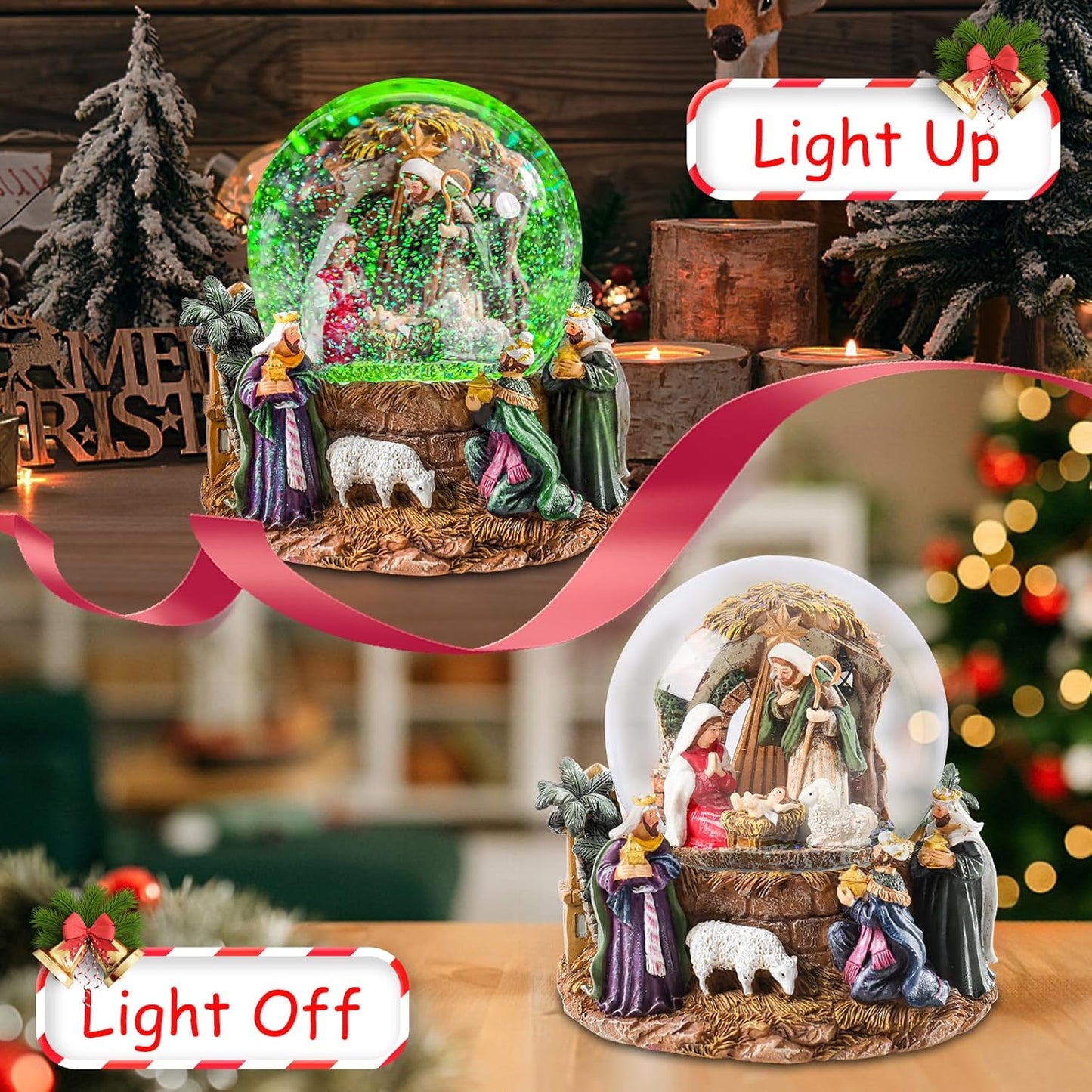 MUMTOP Christmas Snow Globes, Snow Globes Christmas with Music, Color Changing Lights Manger Nativity Scene Snowglobe for Kids, Girls and Adults Gift Decoration
