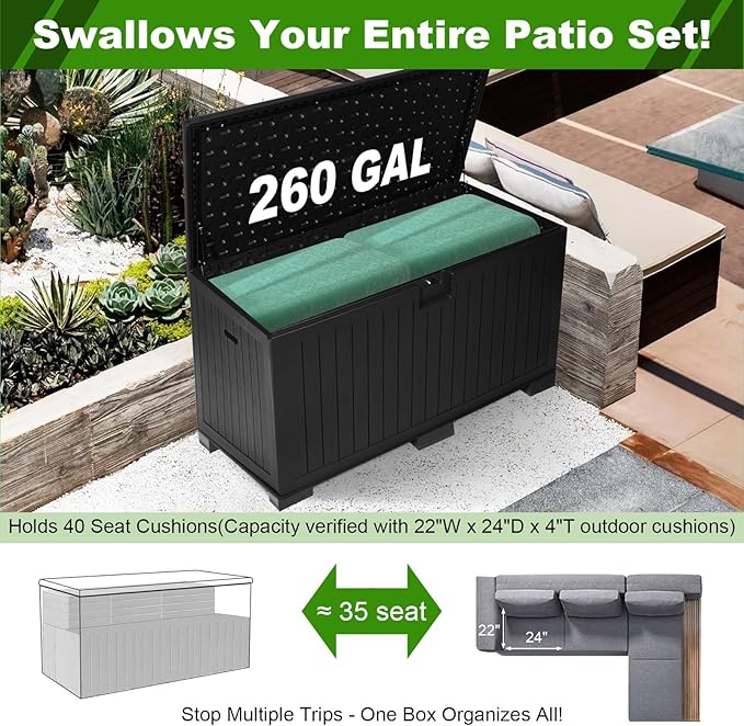 320 Gallon Outdoor Storage Box Waterproof, Extra Large Plastic Outside Deck Box Weatherproof, Resin Outdoor Cushion Storage Container with Lock and Lids for Cushion and Pool Equipment, Black