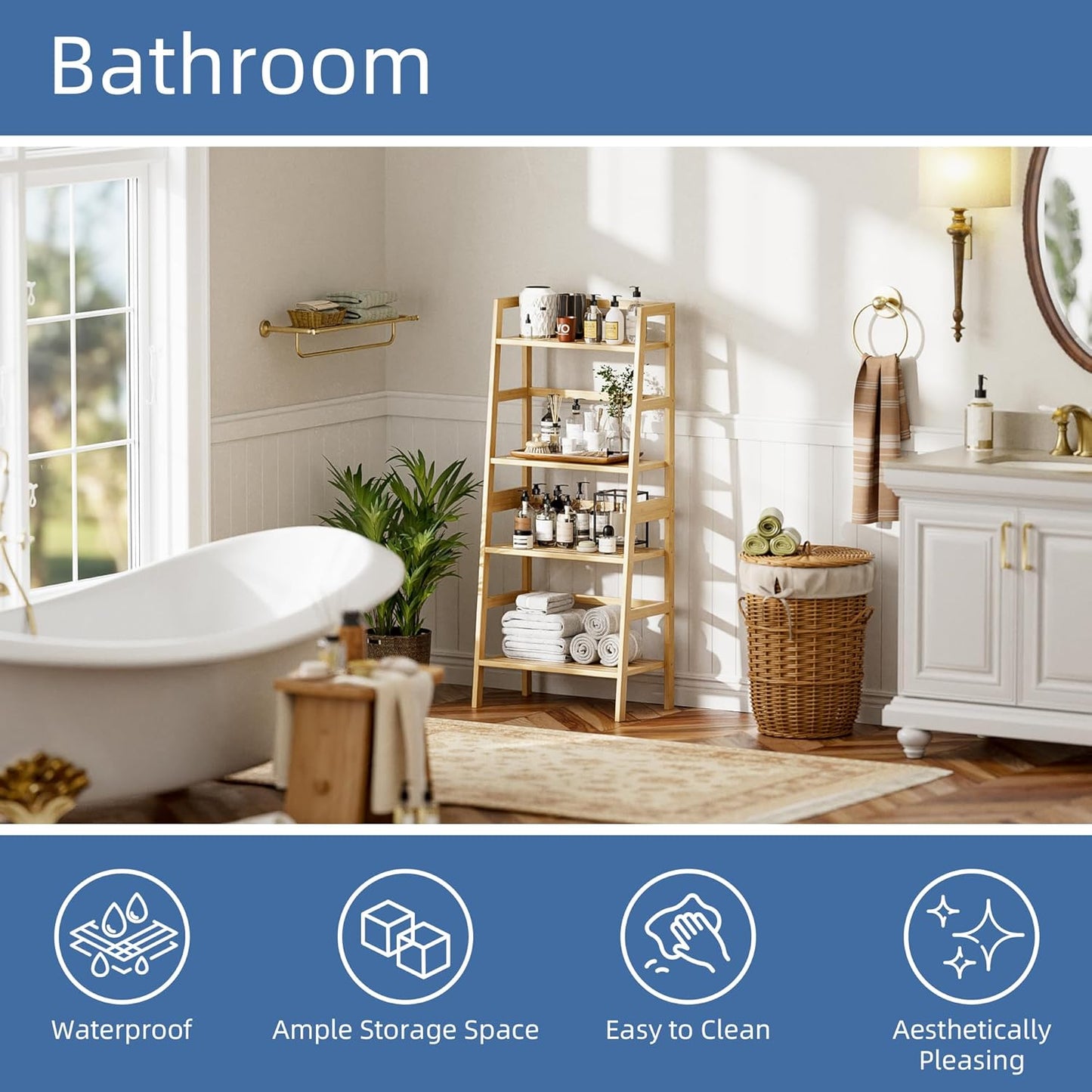 HITNET Ladder Shelf, 4-Tier Bookshelf, Bamboo Leaning Bookcase, Display Storage Rack Organizer, Freestanding Flower Plant Stand for Living Room, Home Office, Kitchen, Natural