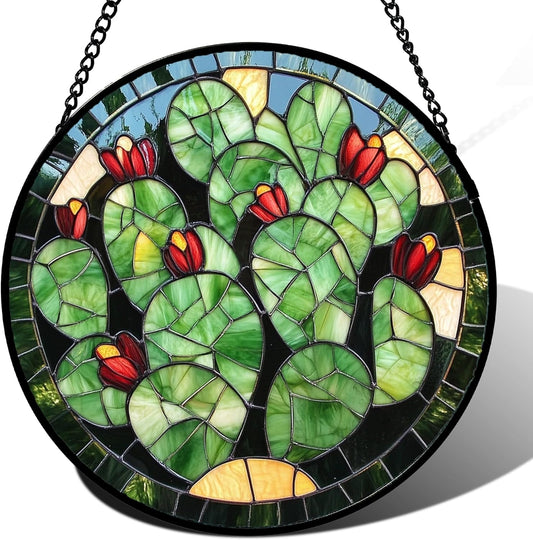 Stained Glass Window Hanging - Green Cactus Suncatcher for Doors Garden Patio Retro Plants Sun Catchers Decor Christmas Mother's Day Birthday Gifts for Women Men Mom Nana Friend 9.8 in