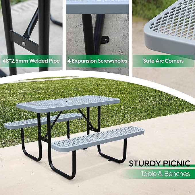 4FT Metal Picnic Tables for Outdoors, Commercial Rectangular Picnic Table and Bench Set for Outside, Patio, Garden, Backyard, Porch, Surface Mount, Grey