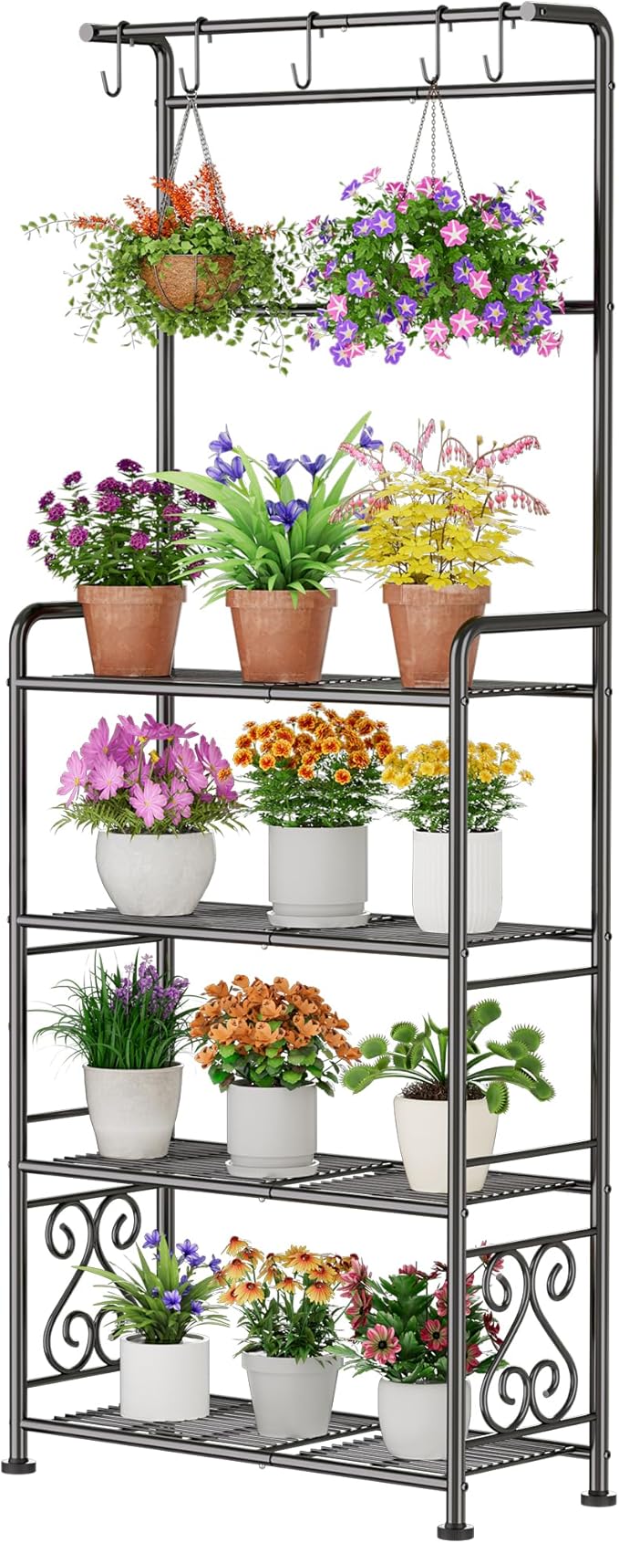 Plant Stand Indoor Outdoor Heavy Duty Metal - 68.4" Tall 4-Tier Shelf for Multiple Plants, Flowers, Rustproof Black Storage Rack for Patio, Balcony, Living Room, Garden, Includes Hooks&Adjustable Feet