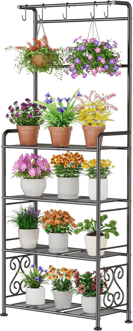 Plant Stand Indoor Outdoor Heavy Duty Metal - 68.4" Tall 4-Tier Shelf for Multiple Plants, Flowers, Rustproof Black Storage Rack for Patio, Balcony, Living Room, Garden, Includes Hooks&Adjustable Feet