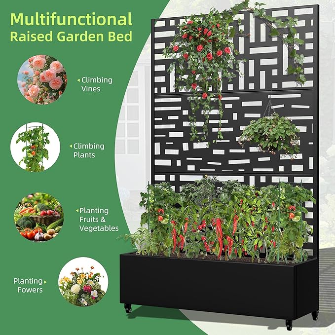 Casaphoria Metal Raised Garden Bed with Trellis and Wheels, 72"x47"x16" Planter Box for Climbing Plants, Vegetables & Vines, Features Drainage Holes and Privacy Screen, Black(Helen&Gerald)