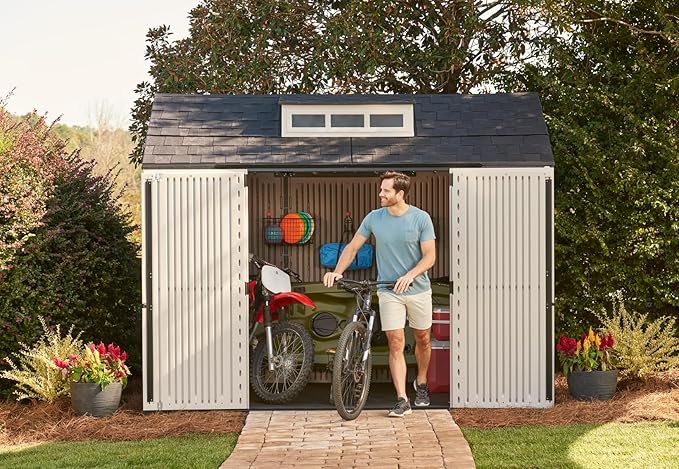 Rubbermaid Extra Large Resin Outdoor Storage Shed With Floor (7 x 10.5 Ft.) Weather Resistant Brown Organization for Home/Lawn Mower/Backyard Equipment/Bike Storage/Pool Supplies